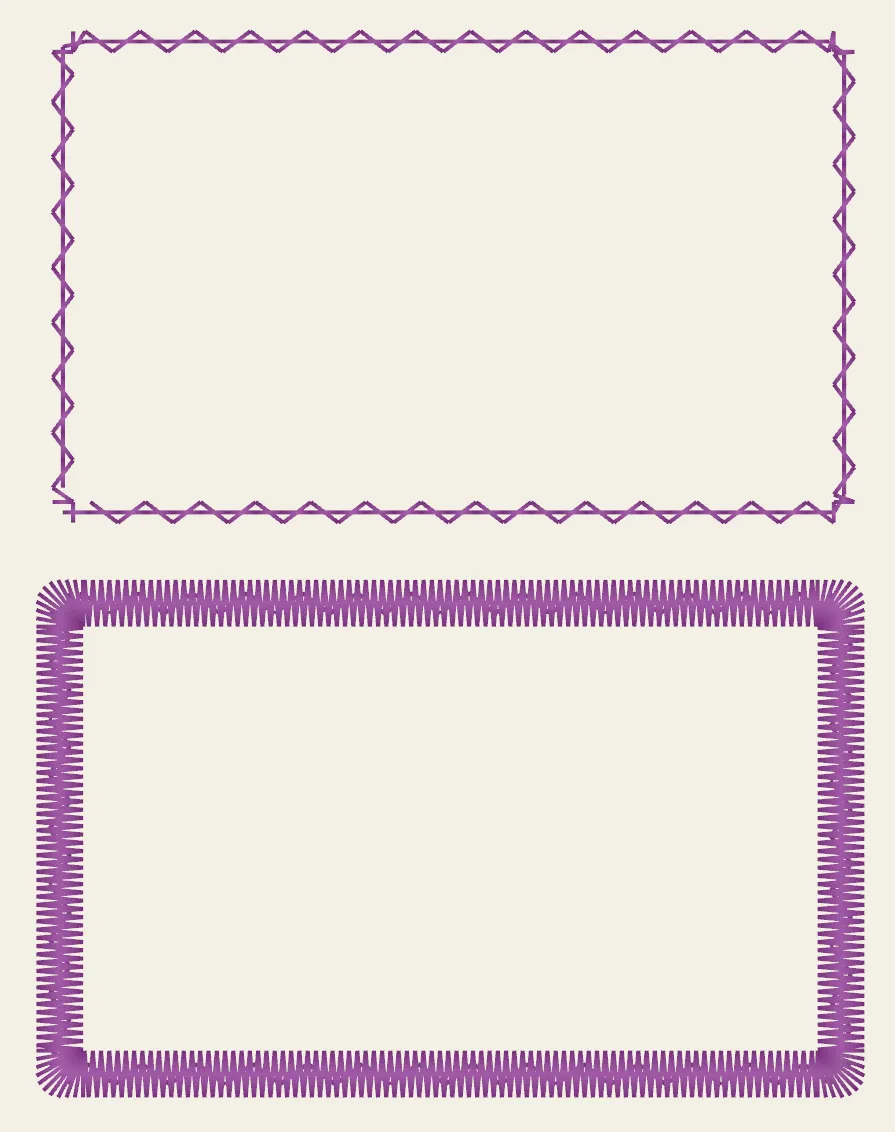A rectangular appliqué shown twice — as a light tackdown zigzag, and as the finished satin border.