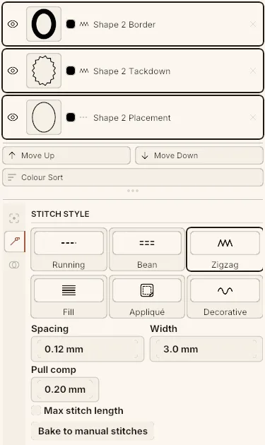 The object list after Split into components: Border, Tackdown and Placement as three rows, with the selected border’s zigzag settings below.