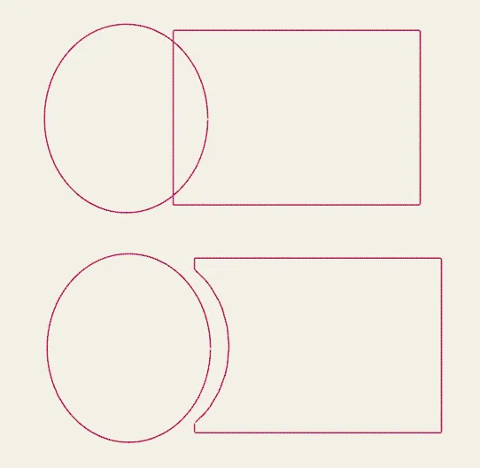 An ellipse overlapping a rectangle, and below it the rectangle with the ellipse’s shape bitten out of its edge.