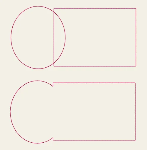 An ellipse overlapping a rectangle, and below it the single merged outline after Union.