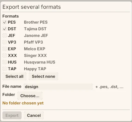 The Export several formats dialog listing every machine format with PES and DST ticked, a file name field and a folder chooser.