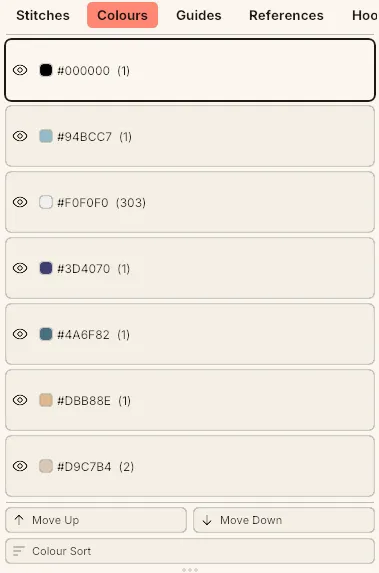 The Colours tab listing each thread colour with its stitch count, above the Move Up, Move Down and Colour Sort buttons.