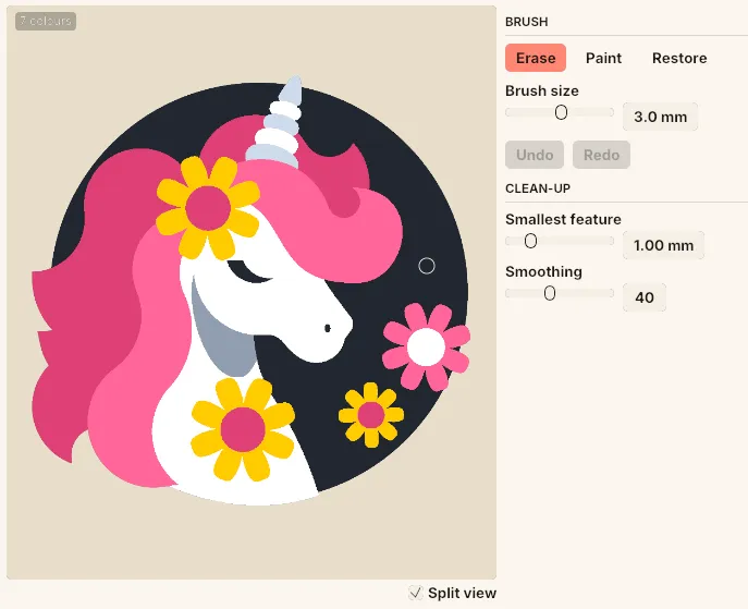The Refine step, with the Erase, Paint and Restore brushes, the brush size slider and the clean-up controls beside the image.