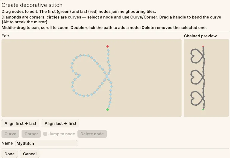The Create decorative stitch editor with a heart motif being edited, and a chained preview of the tile beside it.
