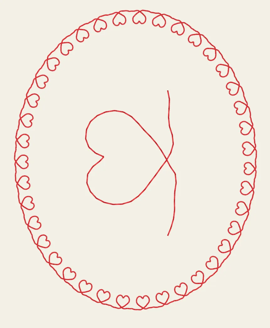 A heart motif tiled around an ellipse, with the motif itself drawn in the centre.