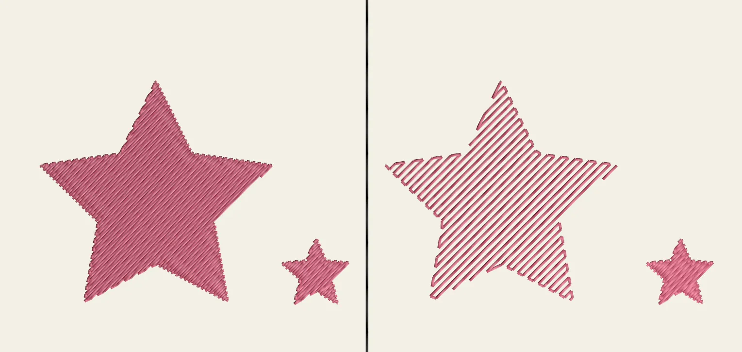 A fill shown small and large at the same density, next to a naive stretch that leaves gaps.