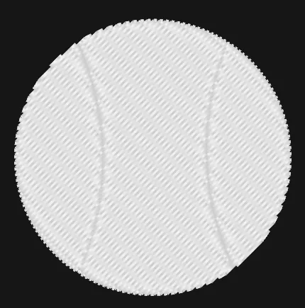 A white filled circle with two curved seams running through it, each marked by a line of needle penetrations in the fill.
