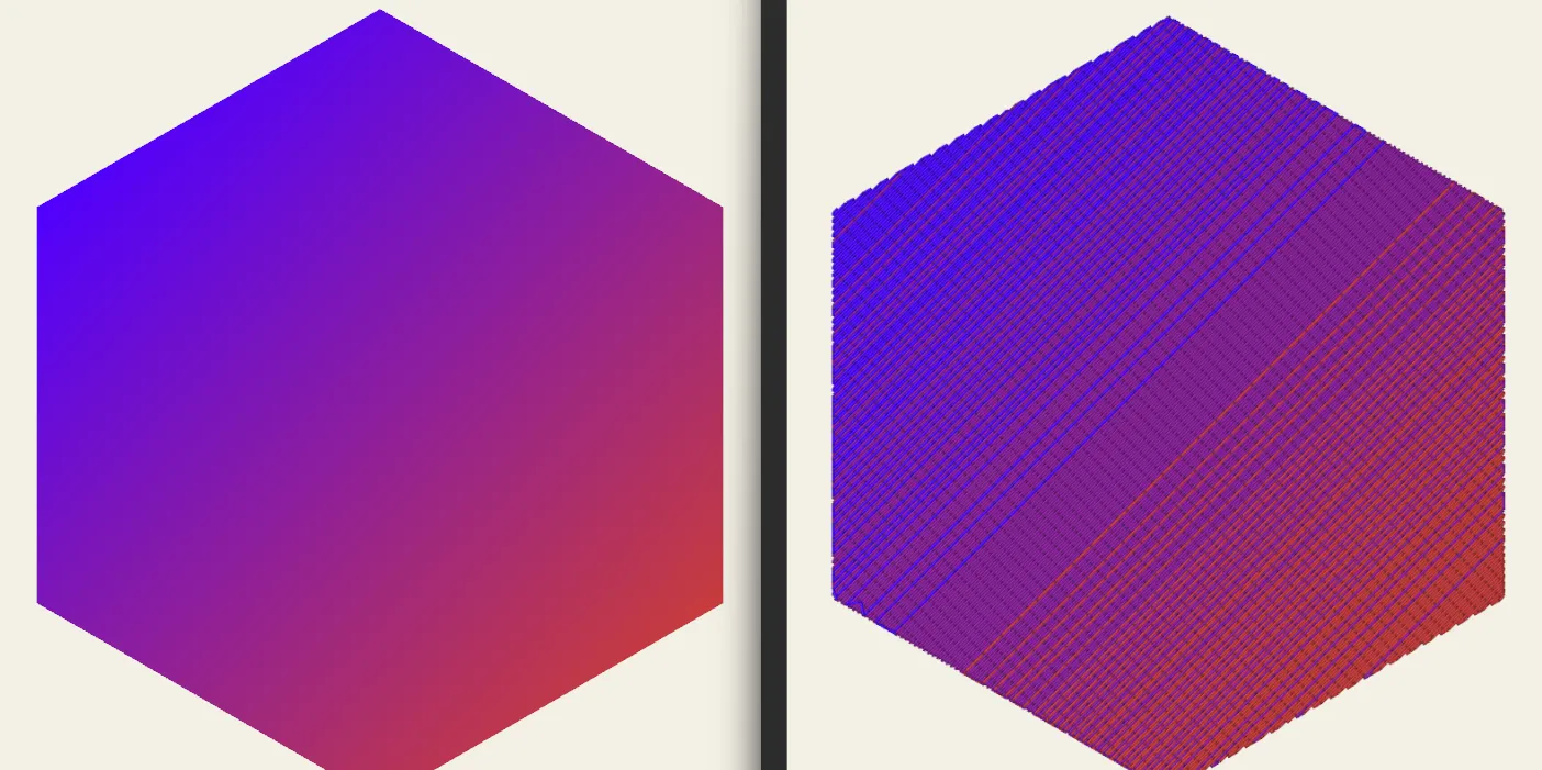 The same hexagon twice: on the left a smooth red-to-blue gradient, on the right the same gradient sewn as interleaved rows of red and blue thread.