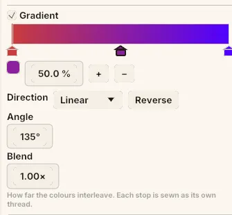 The Gradient controls: a red-to-purple-to-blue ramp strip with three stop handles, the selected stop’s swatch and position, and the Direction, Angle and Blend rows.