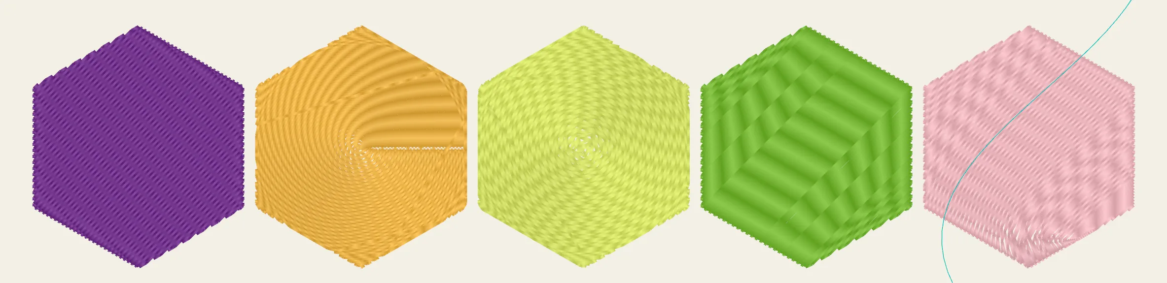 The same hexagon filled five times — parallel, circular, spiral and satin fills, and a guided fill following a curve drawn across the shape.