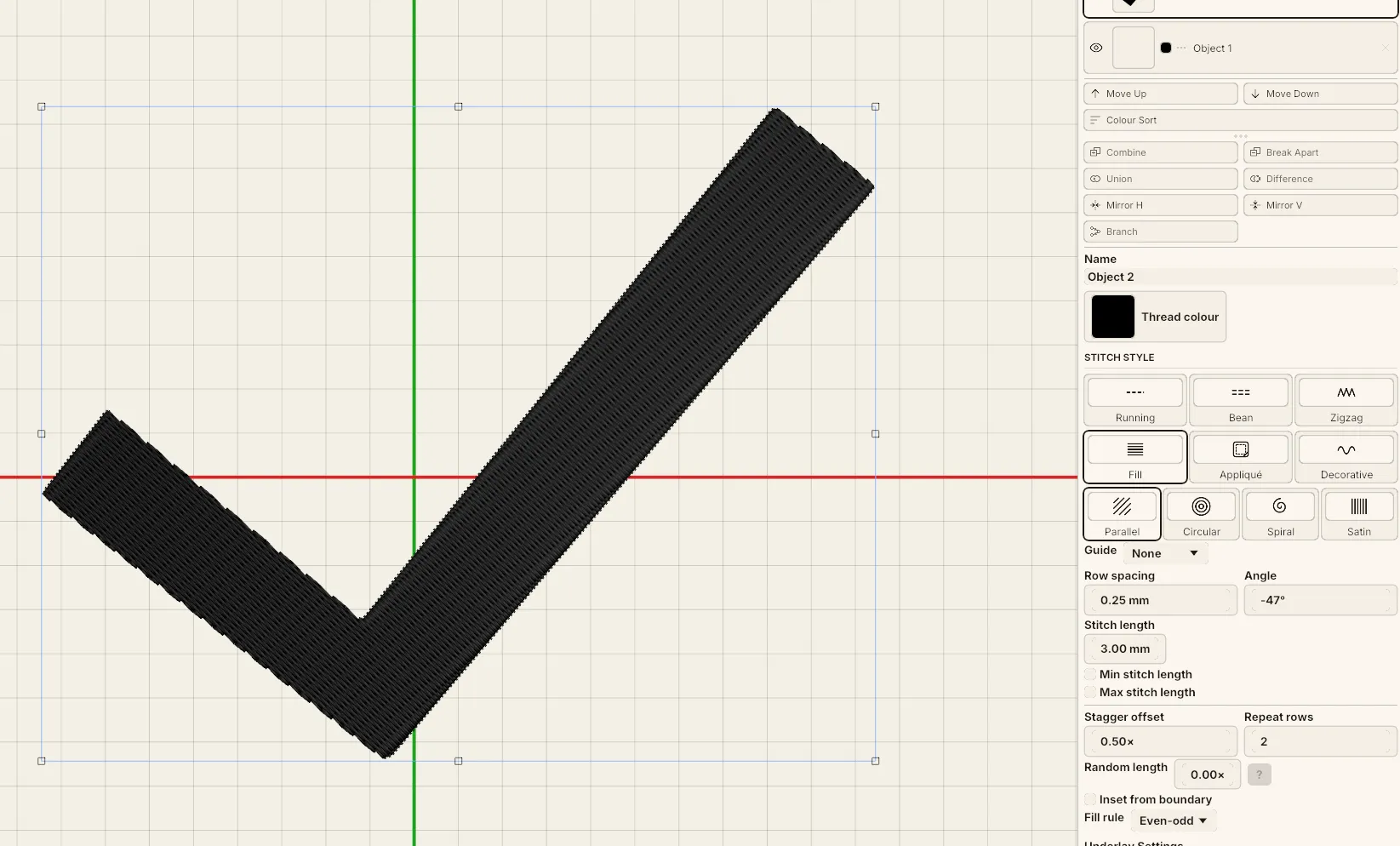 The Stitches tab with a stitch style selected and its settings shown.