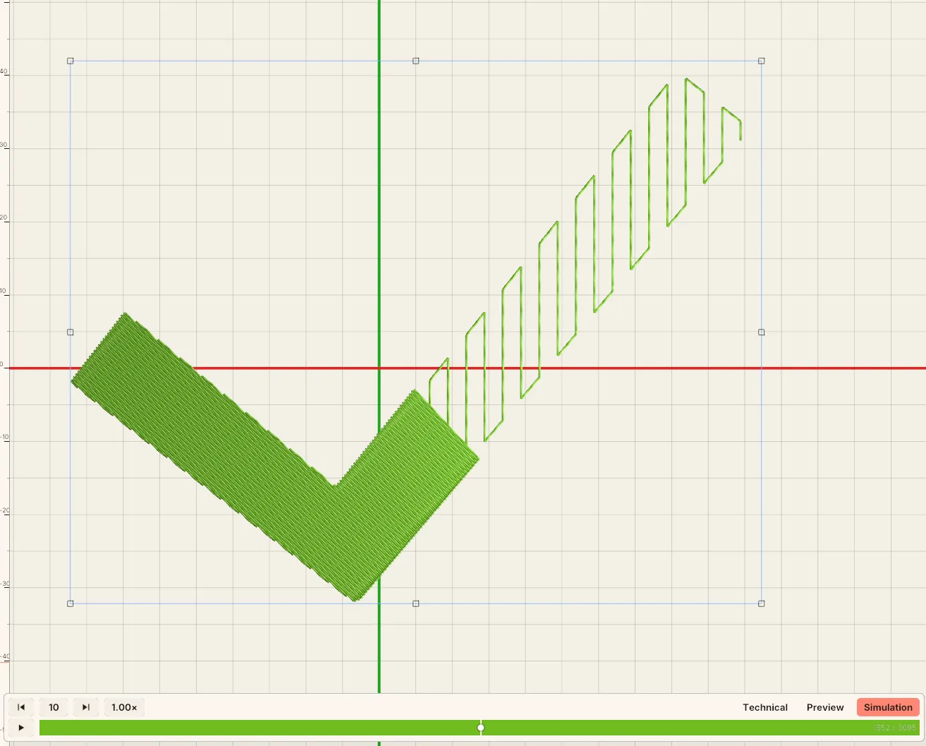 The design part-way through playback in Simulation view.