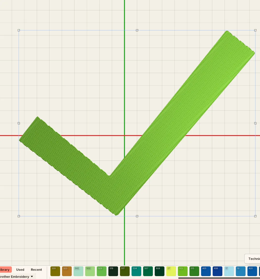A brand palette open in the thread bar with a swatch applied to the object.