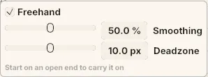The Pen tool’s Freehand panel: the Freehand box ticked, with a Smoothing slider at 50% and a Deadzone slider at 10 px.