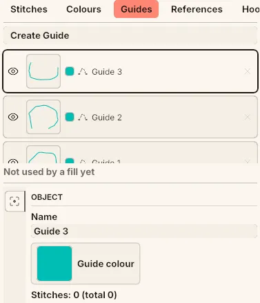 The Guides tab listing three guides with thumbnails and eye toggles, one selected, with its Object group showing the name and guide colour below.