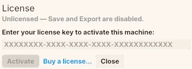 The License dialog with the licence key field and an Activate button.
