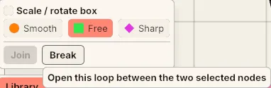 The node panel: the Smooth / Free / Sharp row above the Join and Break buttons, with Join greyed out and Break’s hover text showing.