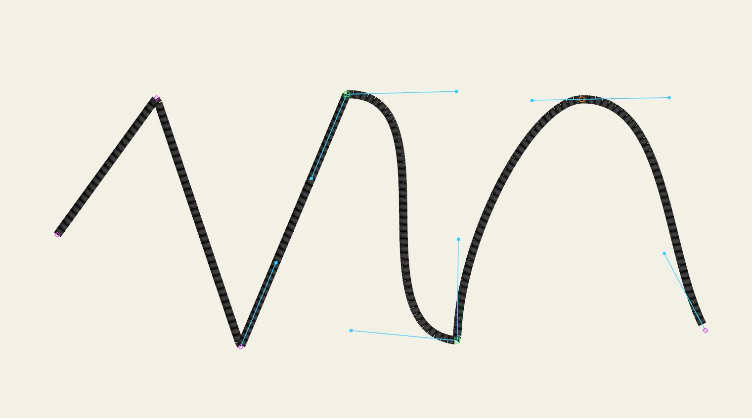 A path showing smooth (circle), free (square) and sharp (diamond) nodes with their handles.