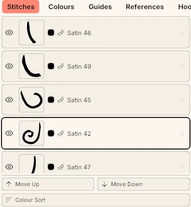 The Stitches tab object list with several objects in sew order and one selected.