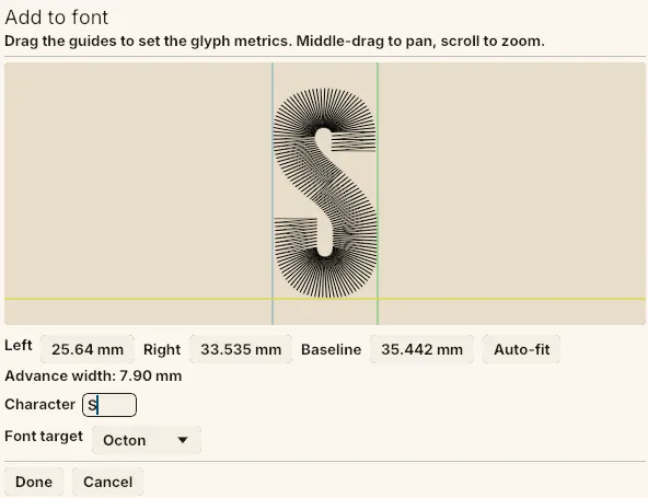 The Add to font dialog showing a stitched “S” between its left and right bound guides, sitting on the baseline.