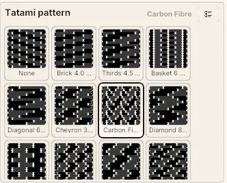 The Tatami pattern picker in grid view: swatches of a dozen patterns sewn as cloth, with Carbon Fibre selected.