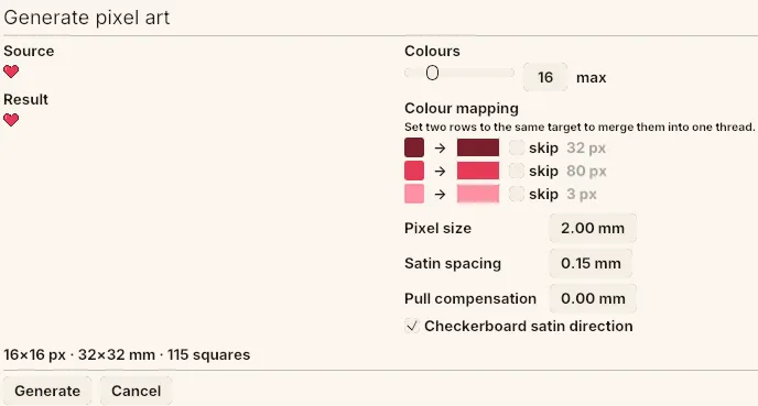 The Generate pixel art modal: the source image and mapped result on the left, and the colour mapping list on the right with each source colour, its target thread, a skip toggle and a pixel count.