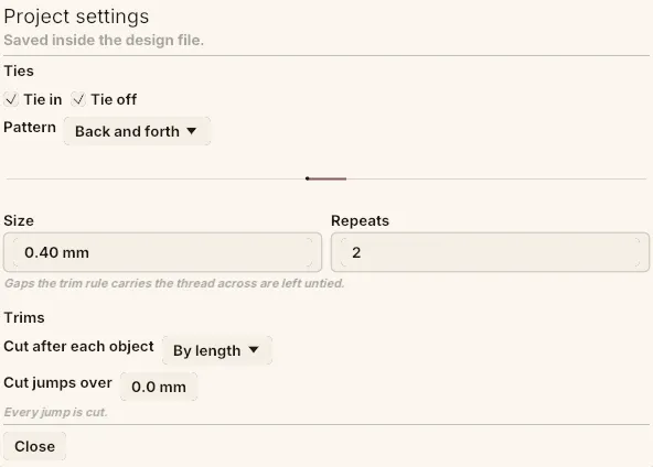 The Project settings dialog, with the Ties section above and the Trims section below it.