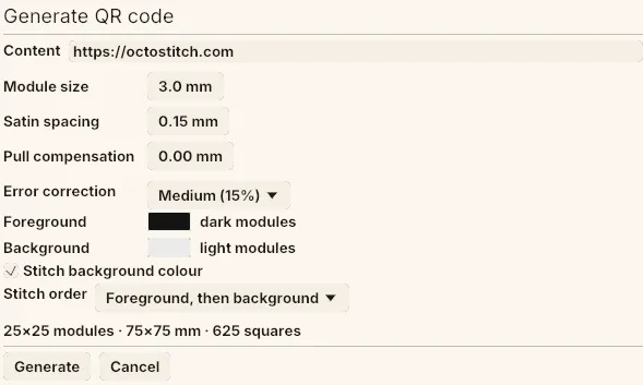 The Generate QR code modal with a URL entered, module size, satin spacing, error correction, foreground and background colours, and a live size readout.