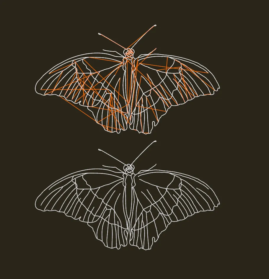 The same traced butterfly sewn twice in Technical view with jump stitches shown: the top one, routing off, is criss-crossed with orange jumps; the bottom one, routing on, has none.