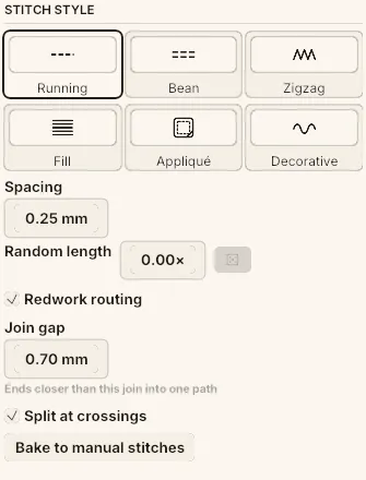 The running stitch panel with Redwork routing ticked, showing the Join gap drag and its hint, and the Split at crossings tick.