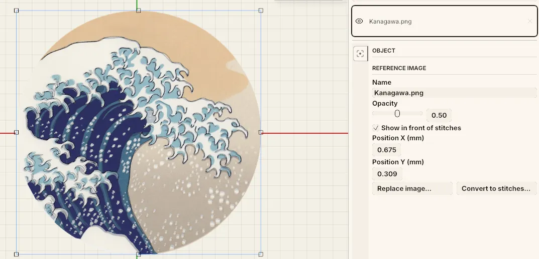 A reference image placed on the canvas with its settings open in the side panel.