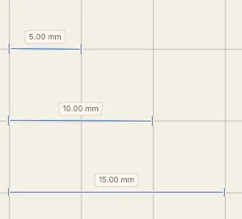 Three ruler lines drawn across the canvas grid, labelled 5.00 mm, 10.00 mm and 15.00 mm.