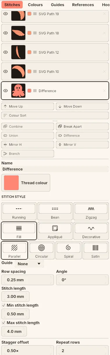 The side panel showing its tabs, the object list, and the stitch settings for the selected object.