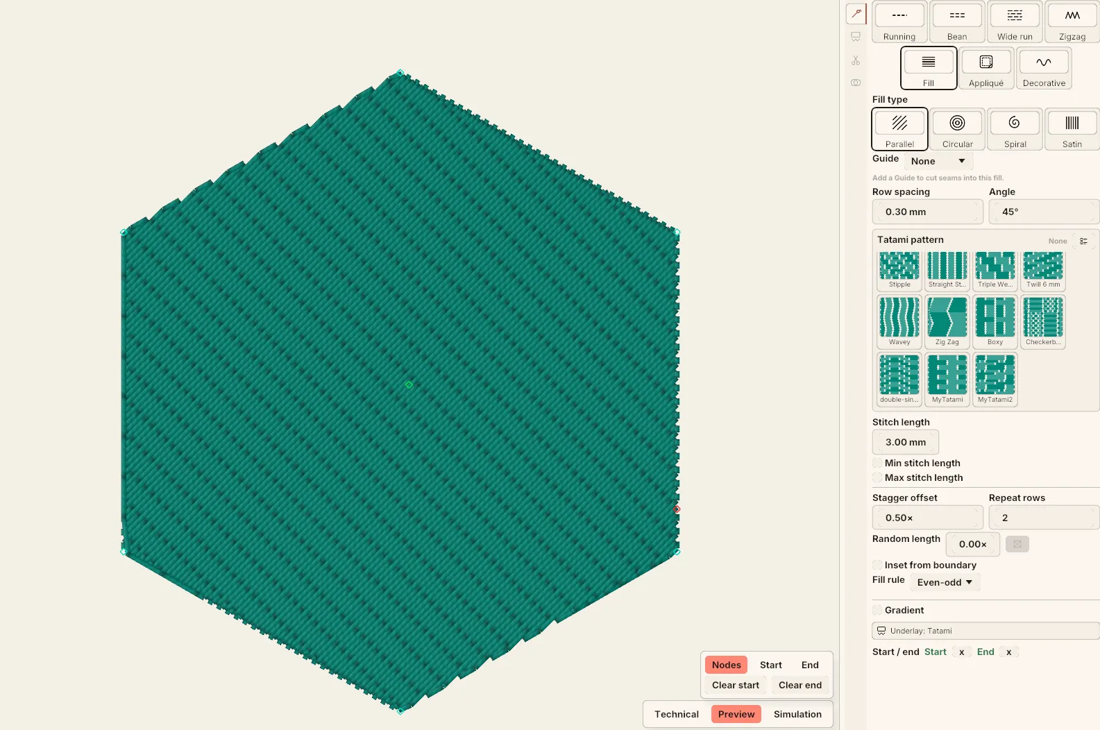 A filled hexagon in Preview view with a green start diamond in the middle of the shape and a red end marker on its right edge, the mode strip at the bottom of the canvas and the side panel’s Start / end row lit green.