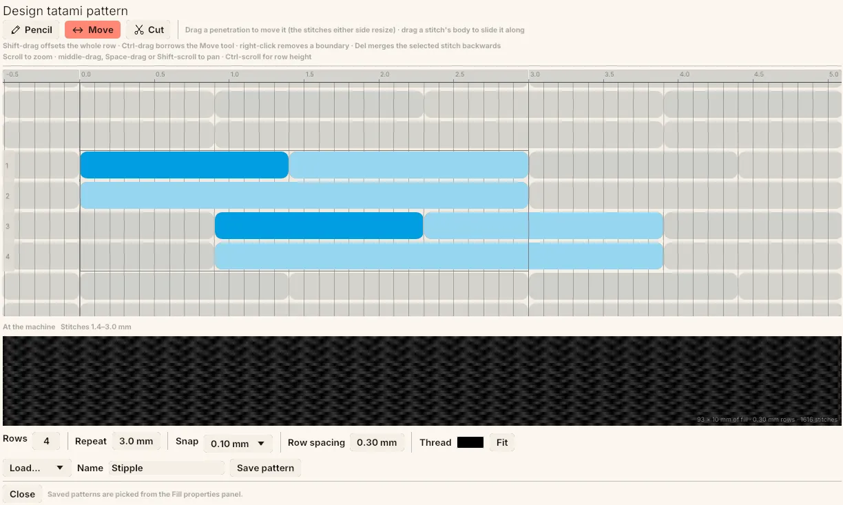The Design tatami pattern modal: the Pencil / Move / Cut tool strip, a four-row pattern drawn as blue stitch bars on a millimetre grid, and a sewn fill preview underneath.