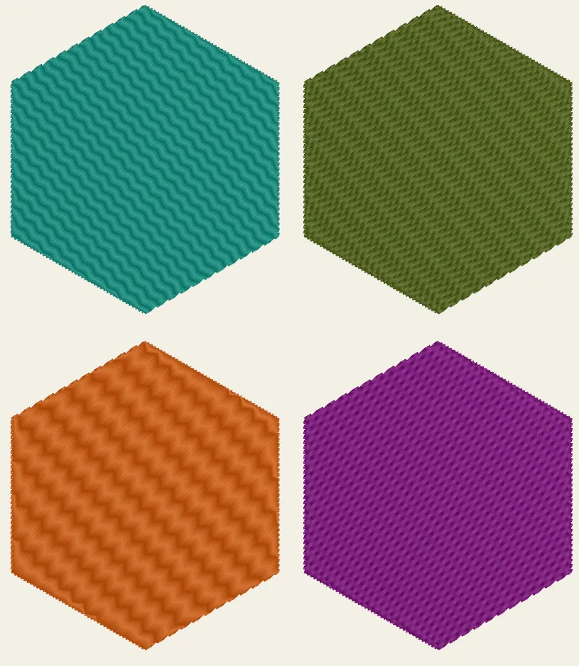 The same hexagon filled four times with four different tatami patterns, each giving the surface a distinct texture.