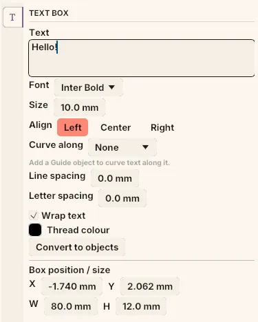 The Text box section of the side panel with the text, font, size, alignment and spacing settings.