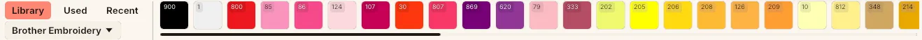 The thread bar with the Library / Used / Recent toggle and a row of colour swatches.