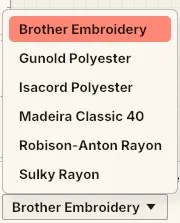 The thread bar’s brand dropdown open, listing the bundled thread brands.