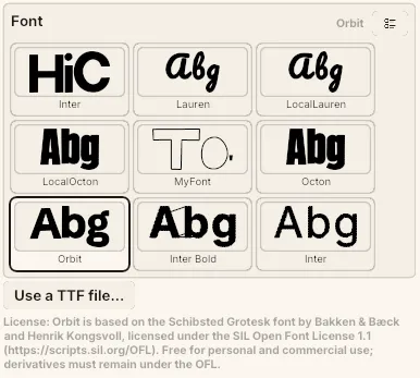 The text box’s Font picker showing a sewn specimen of each available font, with a Use a TTF file button beneath it.