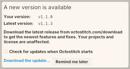 The update dialog: “A new version is available”, your version 1.1.0 against the latest 1.1.3, a Download the update link and a Remind me later button.
