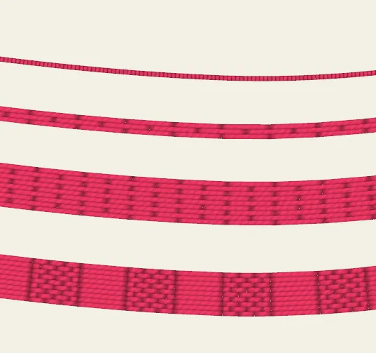 The same curve stitched four ways: a running stitch, a narrow wide run, a wide one, and a wide one carrying a tatami pattern.