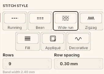 The Stitches tab with Wide run selected, showing the Rows and Row spacing fields and the band width readout beneath them.