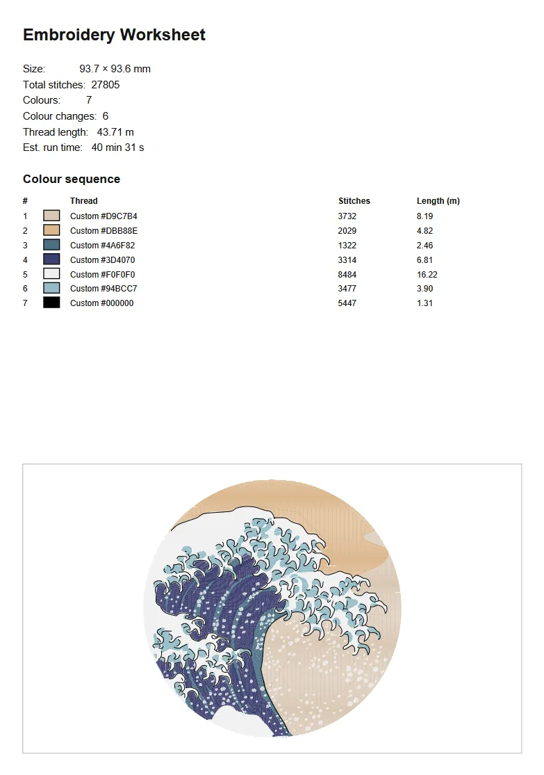 A generated worksheet PDF showing the design summary, the colour-sequence table and a preview of the design.