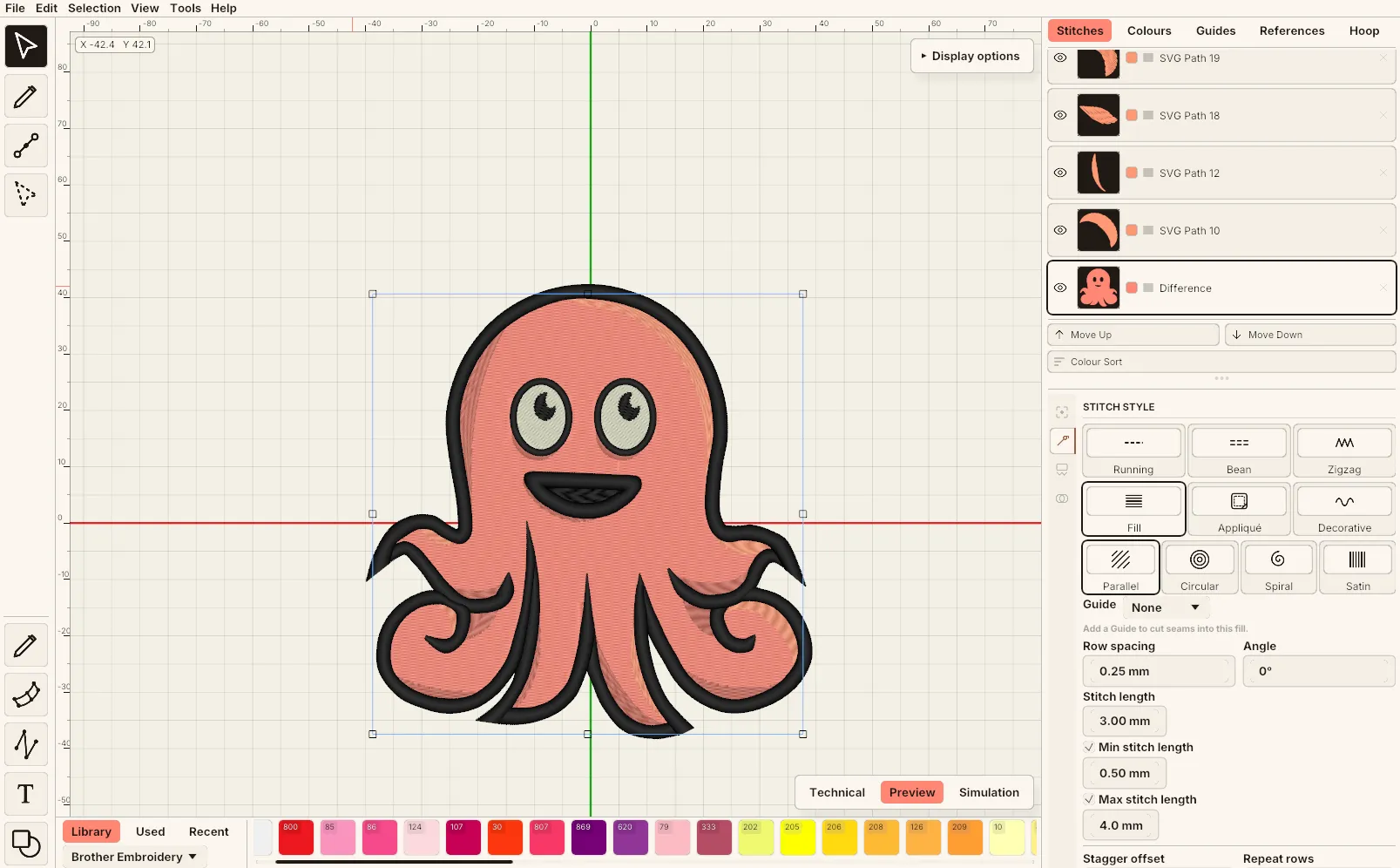 The Octostitch window: toolbar down the left, canvas in the centre, side panel on the right and the thread bar along the bottom.