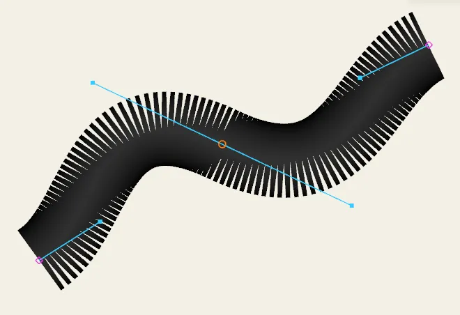 A zigzag stitch running along an S-curved path at a constant width.